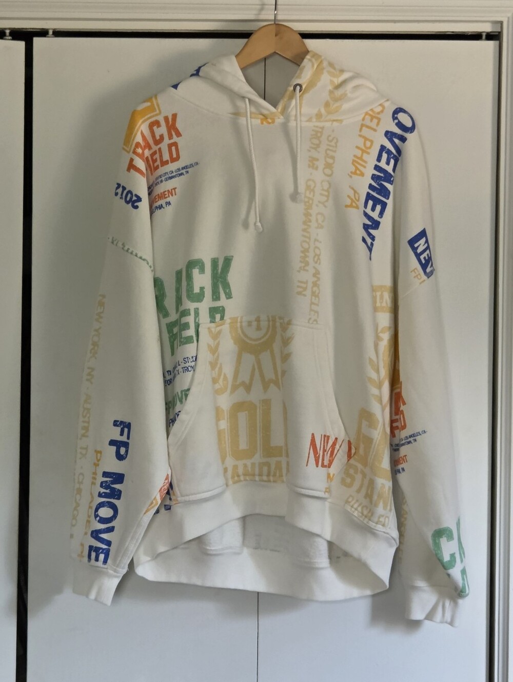 Free People Movement White Graphic Crewneck Hoodie with Multicolor Logos